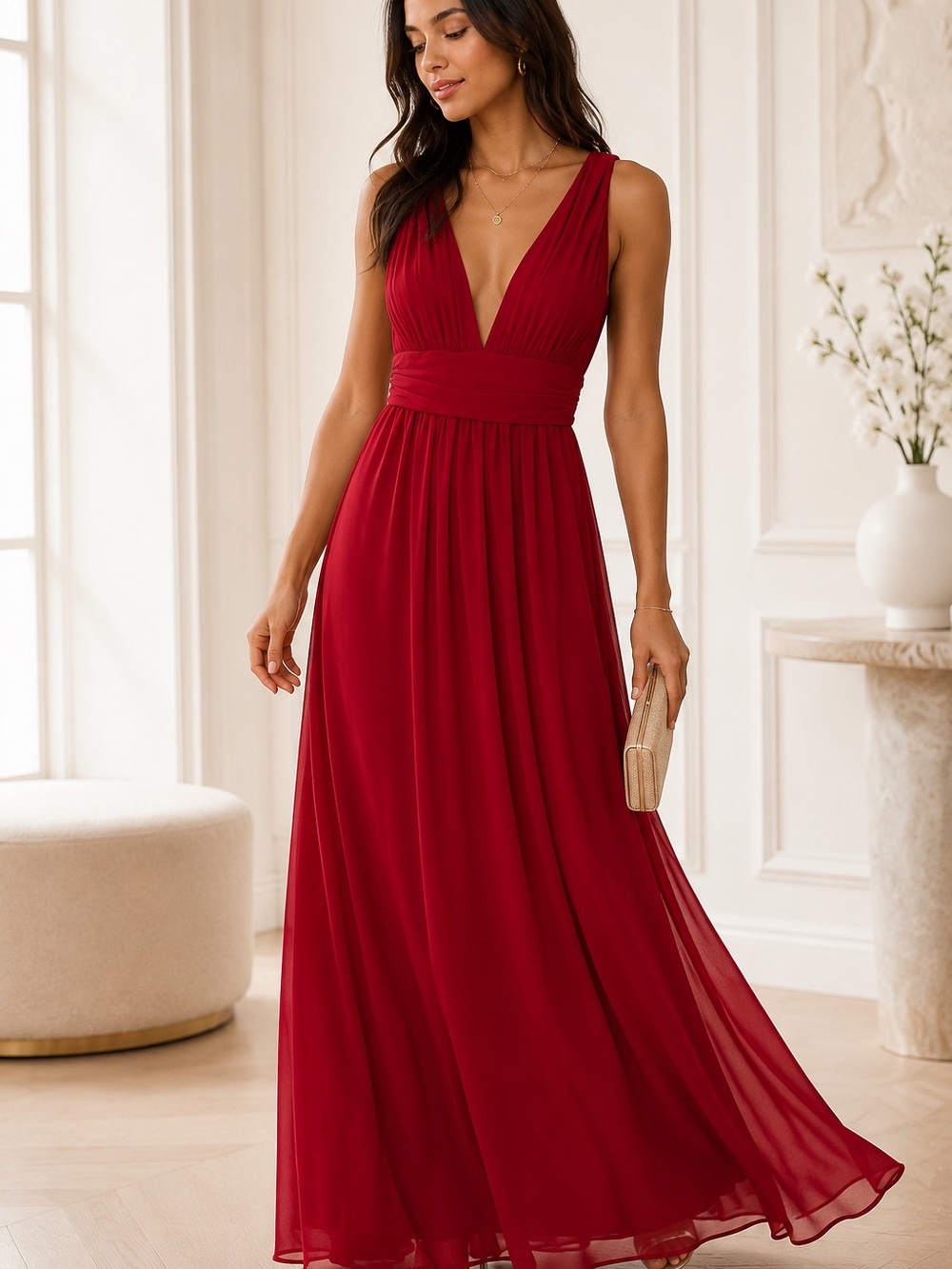 Lulus Heavenly Hues red maxi dress deep V-neckline pleated empire waist NWT Sz S